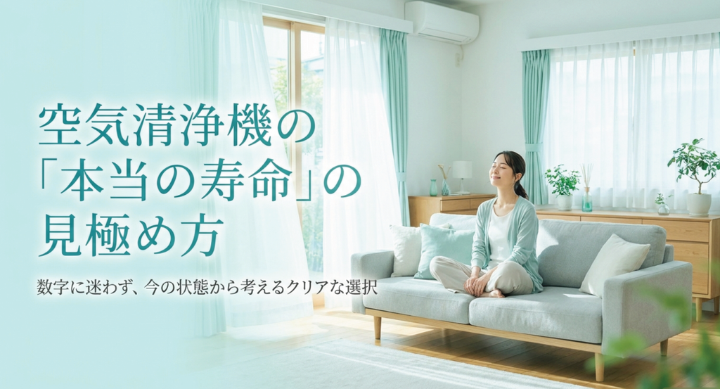 明るい光が差し込む清潔感のあるリビングで、ソファに座る女性を背景に「空気清浄機の『本当の寿命』の見極め方」「数字に迷わず、今の状態から考えるクリアな選択」と表示された、空気清浄機を年数だけでなく現在の状態から判断する考え方を伝えるイメージ