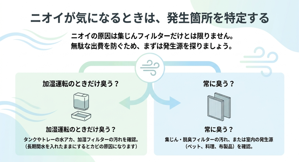 加湿運転中だけ臭う場合と常に臭う場合を左右に分け、加湿フィルターやタンクの水回り、集じん・脱臭フィルター、室内のニオイの発生源を確認する方法を示した図解。