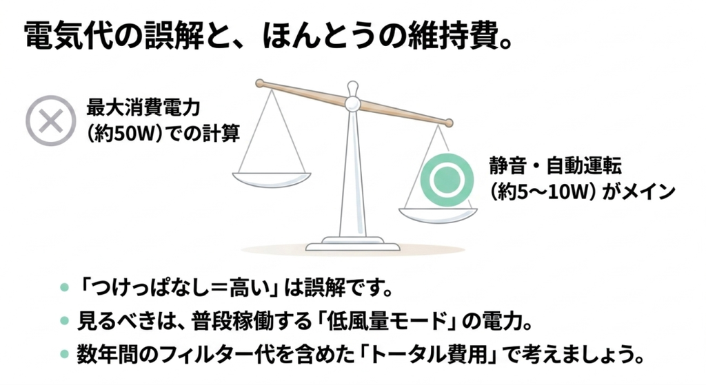 最大消費電力約50Wと静音・自動運転約5～10Wを比較し、普段の消費電力やフィルター代を含む維持費を見る重要性を示した図