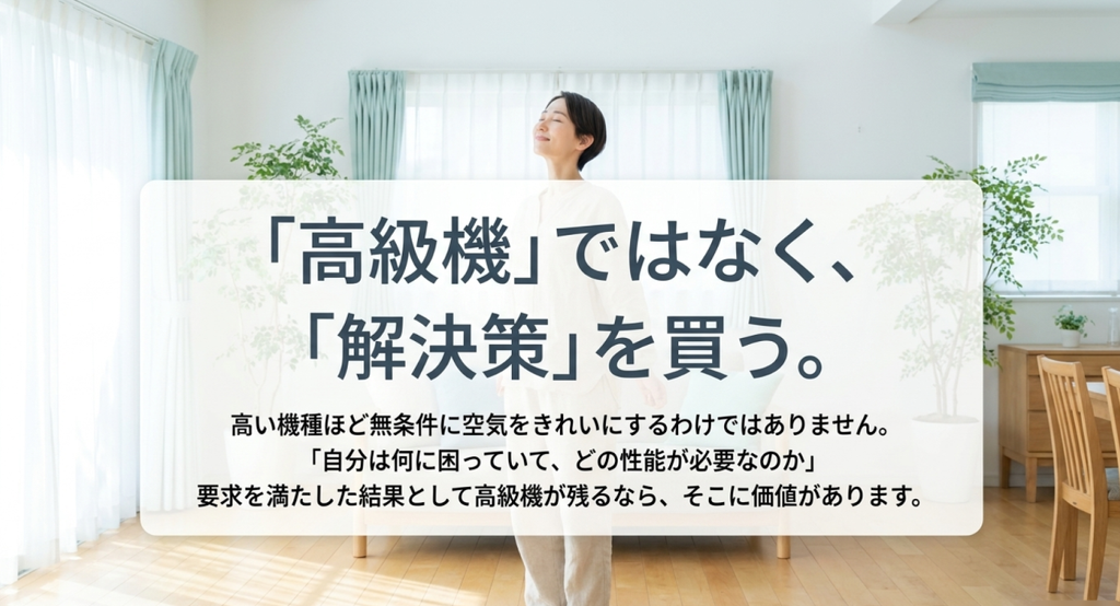 高い空気清浄機ほど良いのではなく、自分の悩みに必要な性能を満たした結果として高級機を選ぶ考え方を示したスライド