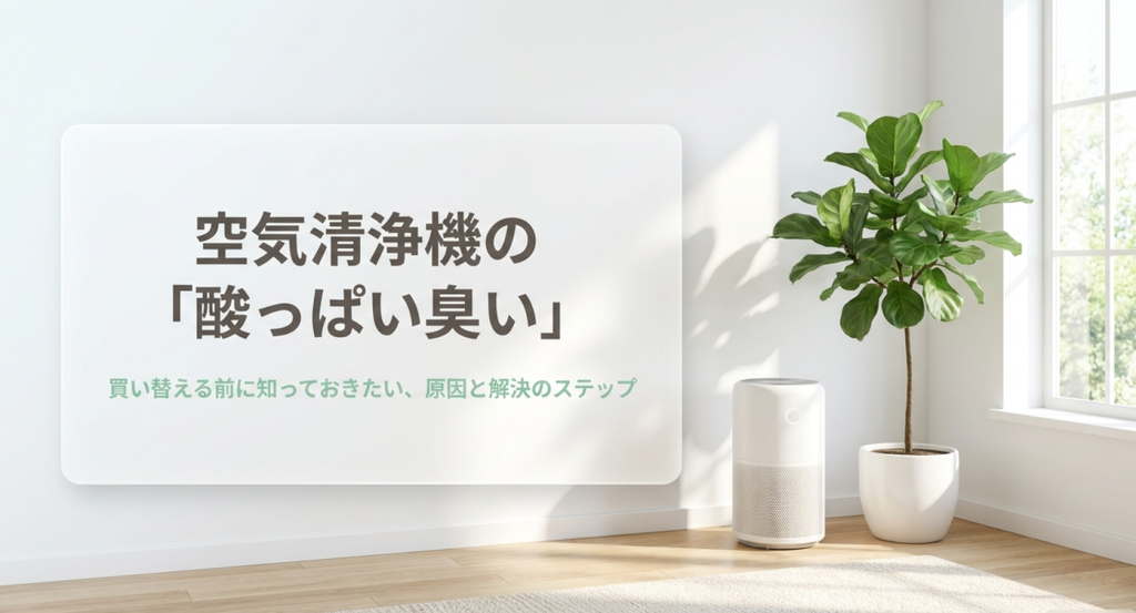 明るい窓辺のリビングに置かれた白い空気清浄機と鉢植えの観葉植物。「空気清浄機の『酸っぱい臭い』」という見出しと「買い替える前に知っておきたい、原因と解決のステップ」というキャッチコピーが記載されたアイキャッチ画像。