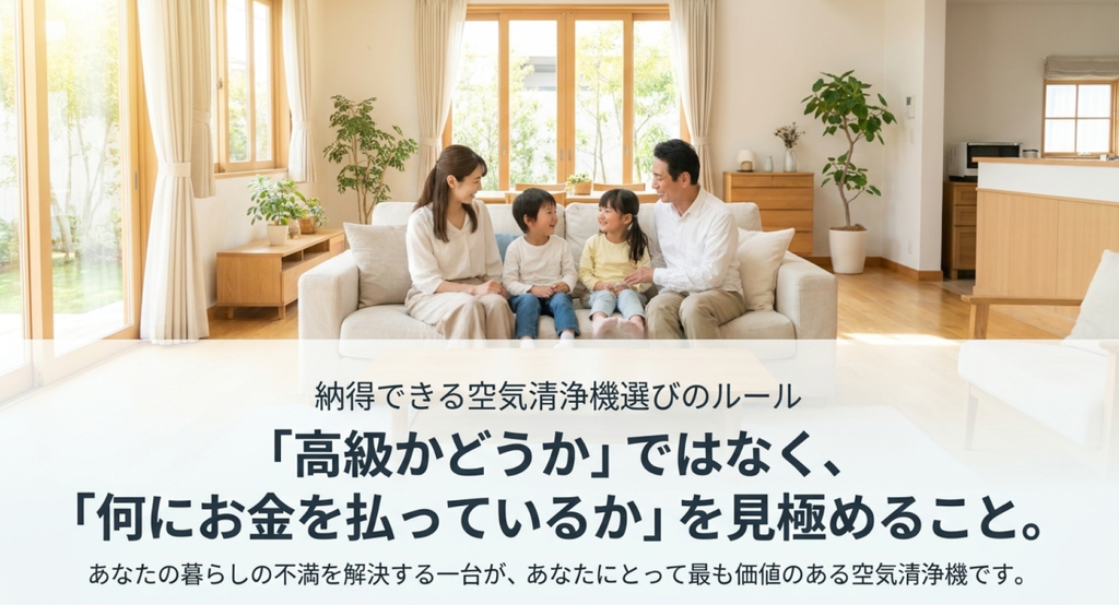 高級かどうかではなく何にお金を払っているかを見極め、暮らしの不満を解決できる空気清浄機を選ぶ考え方を示したスライド