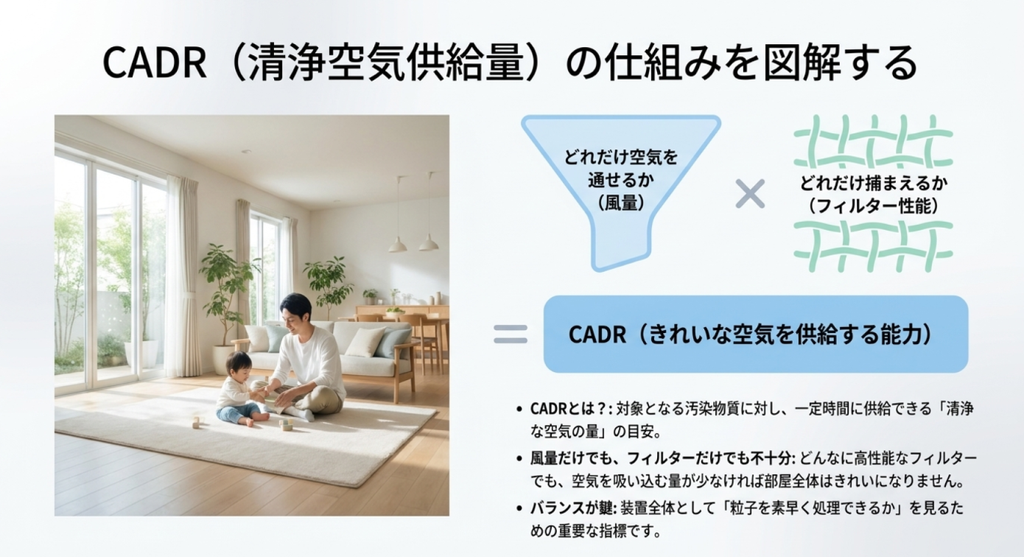空気を通す風量と粒子を捕集するフィルター性能の組み合わせから、CADRによる清浄空気供給能力の考え方を図解したスライド