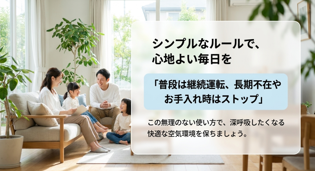 普段は空気清浄機を継続運転し、長期不在やお手入れ時には停止するという24時間運転の基本ルールを家族の写真とともに示したスライド