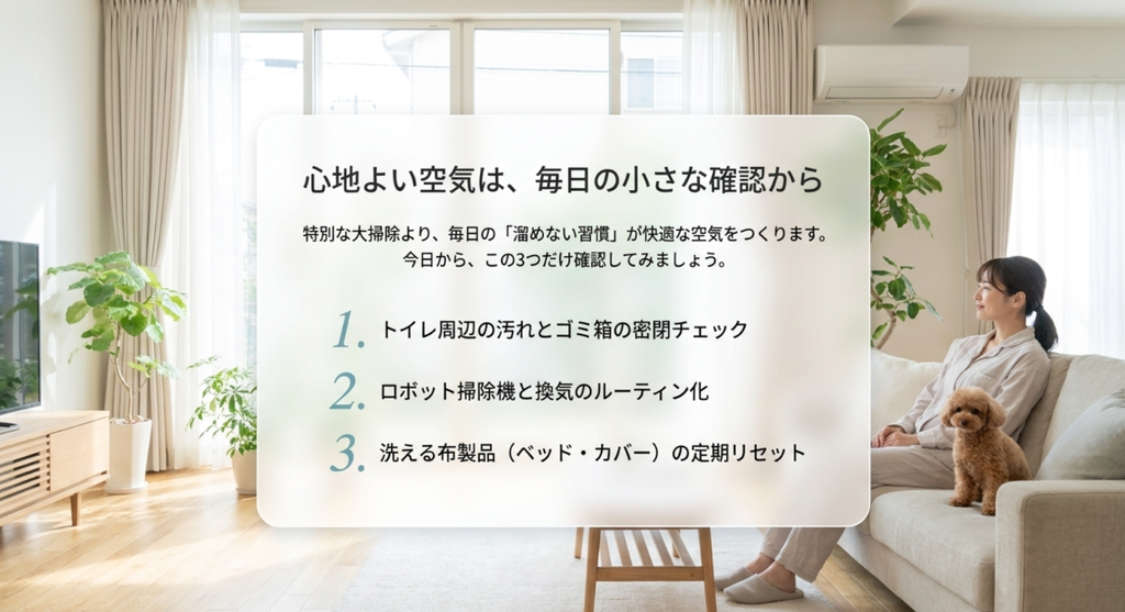 トイレ周辺とゴミ箱の確認、掃除と換気の習慣化、洗える布製品の定期的な洗濯で犬のニオイを溜めない方法