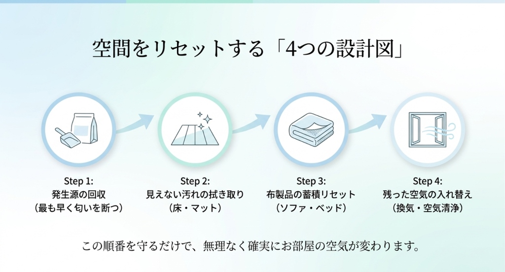 便の回収、床の清掃、布製品の洗濯、換気の4段階で犬の臭いを対策する流れ