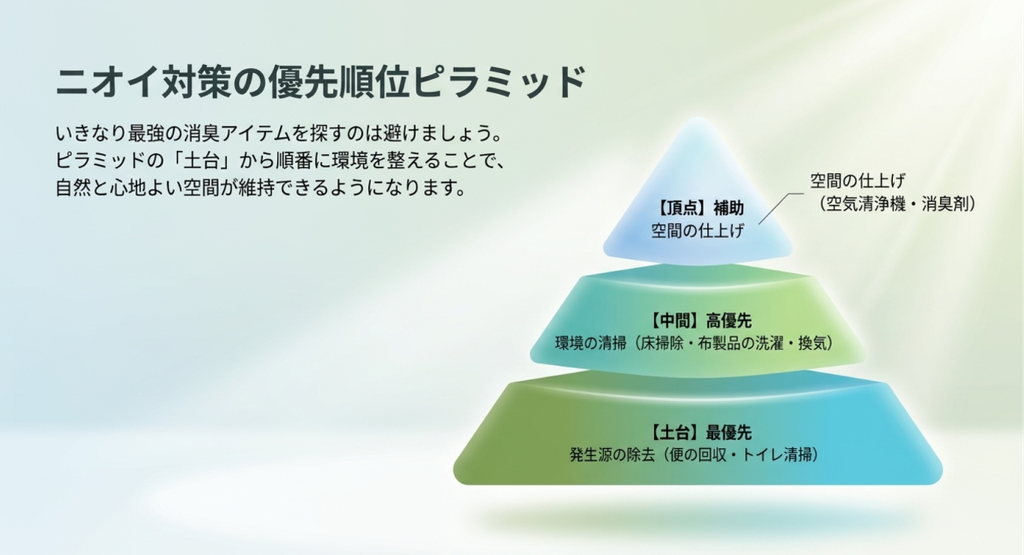 発生源の除去を最優先にし、掃除や洗濯、換気、最後に空気清浄機や消臭剤を使う犬のニオイ対策の優先順位