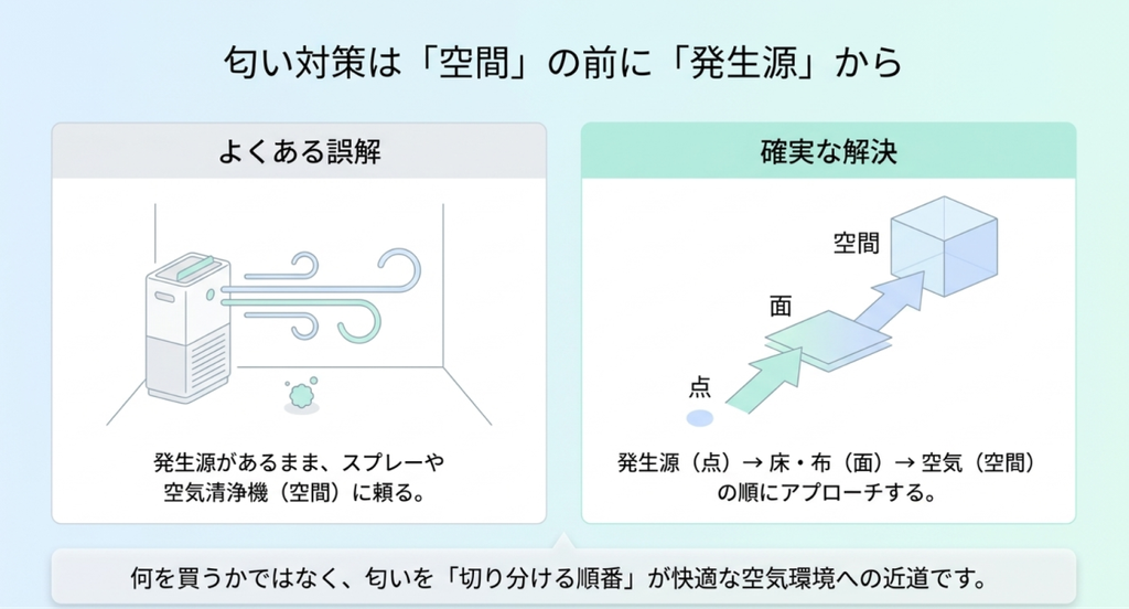 発生源から床や布製品、最後に空間へと順番に犬の臭いを対策する考え方