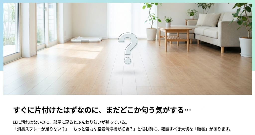 犬のうんちをすぐ片付けても部屋に臭いが残る悩みと対策の順番を示すスライド