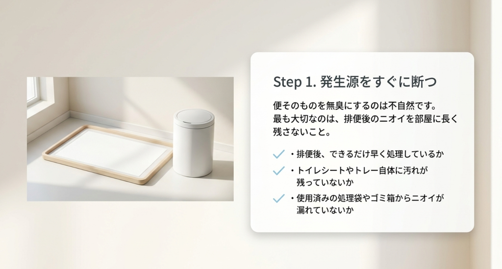 犬の排便後に便を早く処理しトイレや処理袋、ゴミ箱にニオイの元が残っていないか確認する方法