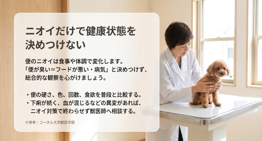 犬の便のニオイだけでフードや病気を判断せず便の硬さや色、回数、食欲などを総合的に確認する注意点