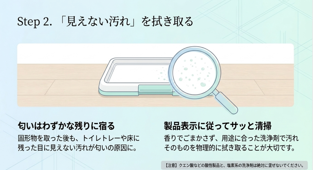 犬のうんちを回収した後にトイレトレーや床へ残った汚れを適切な洗剤で拭き取る方法