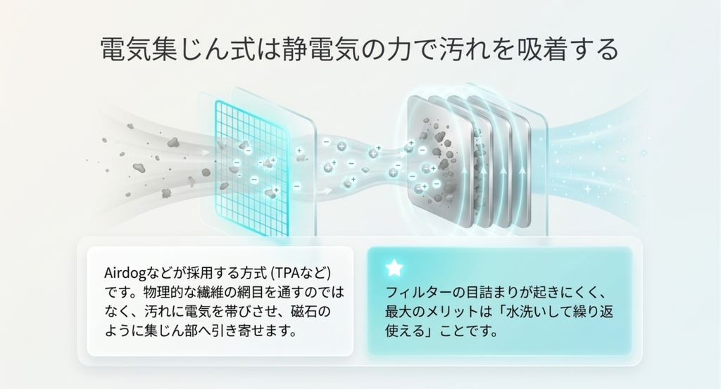 空気中の粒子を帯電させ、電気的な力で集じん部へ引き寄せて捕集する電気集じん方式の流れと、集じん部を水洗いして再利用できる特徴を示した図