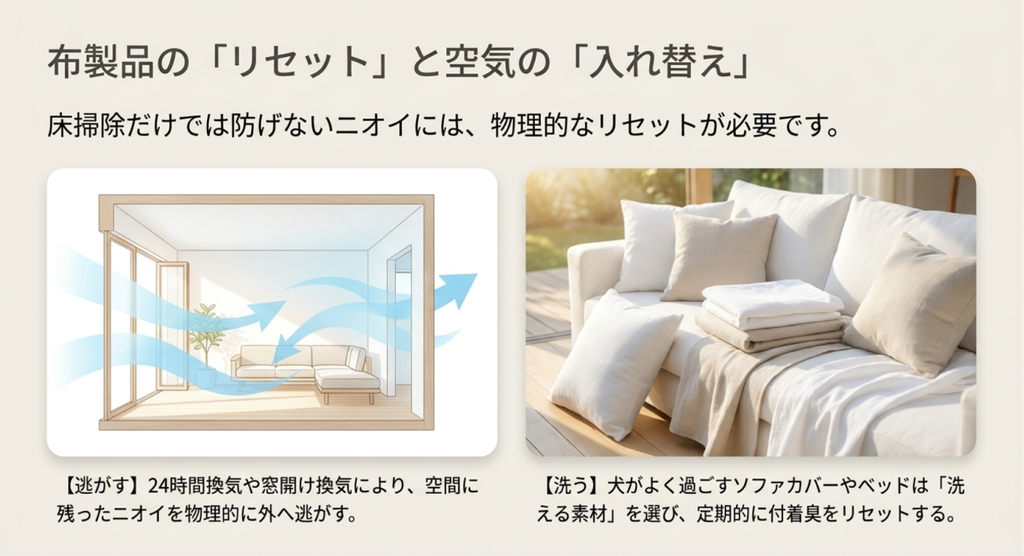 ソファカバーや犬用ベッドなどの布製品を洗い、24時間換気や窓開けで室内のニオイを外へ出す方法