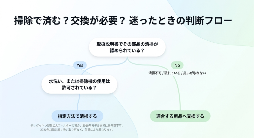 取扱説明書で清掃が認められているかを確認し、水洗いや掃除機の使用が許可された部品は指定方法で清掃し、清掃できない部品や破損した部品は交換する判断フローチャート。