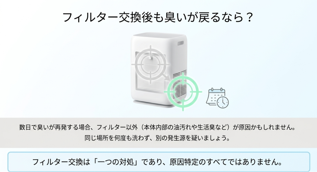 空気清浄機の本体と確認箇所を示すマーク、カレンダーを使い、フィルター交換後も数日で臭いが再発する場合は本体内部の油汚れや生活臭など別の発生源を確認することを説明した画像