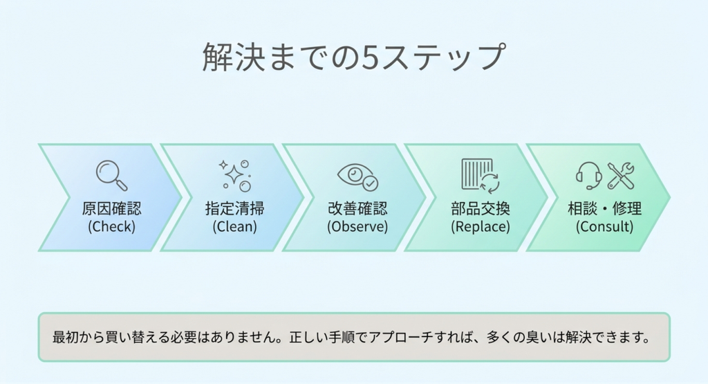空気清浄機の臭いを解決するための原因確認、メーカー指定の清掃、改善確認、部品交換、メーカーへの相談や修理という5つの手順を矢印で示した図解