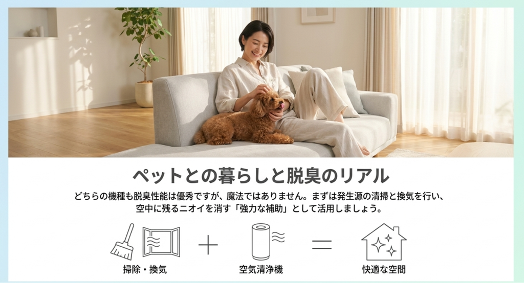 犬と暮らすリビングを背景に、掃除と換気で臭いの発生源を減らし空気清浄機を補助として使うペット臭対策を示した画像