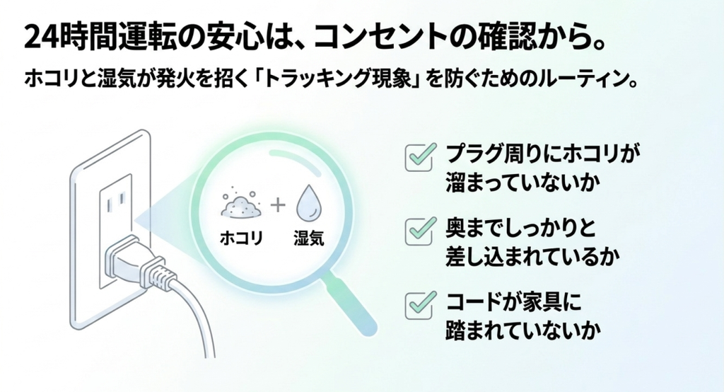 電源プラグ周辺のホコリや湿気によるトラッキング現象を防ぐため、ホコリ、差し込み状態、コードの踏みつけを確認する図