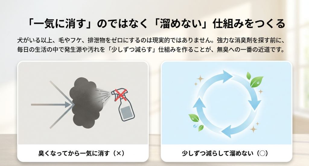 強い消臭剤に頼るのではなく犬のニオイの発生源や汚れを少しずつ減らして溜めない考え方