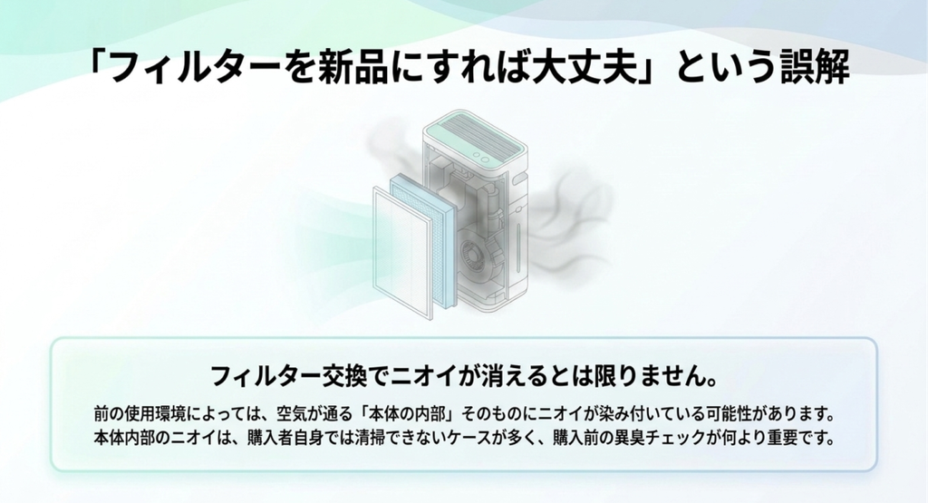 空気清浄機のフィルターを新品に交換しても、本体内部に染み付いた臭いが残る可能性を、内部構造のイラストで説明した図