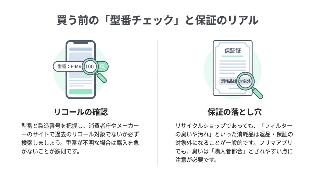 スマートフォンによる型番とリコール情報の確認、保証書による消耗品の保証対象外条件の確認を左右に示した中古空気清浄機の購入前チェック図