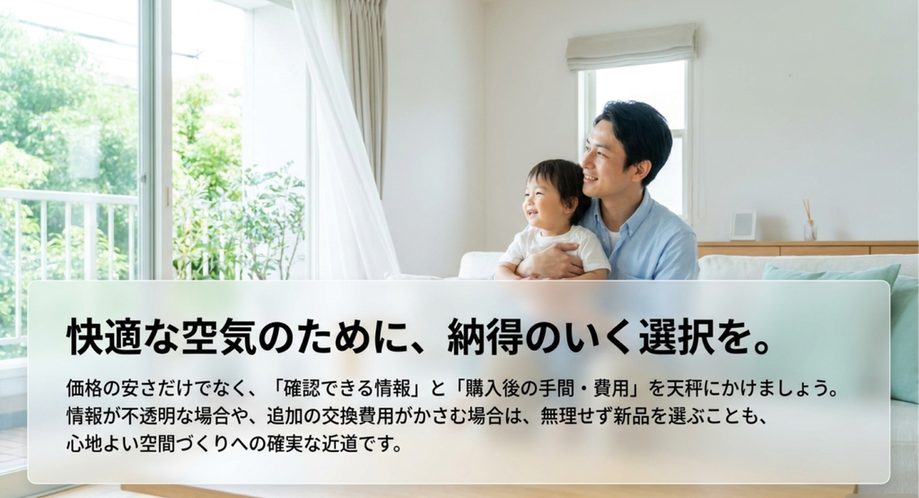 明るいリビングで子どもを抱く父親と、中古空気清浄機は価格の安さだけでなく、確認できる情報や購入後の手間と費用を比較して選ぶことを伝える画像