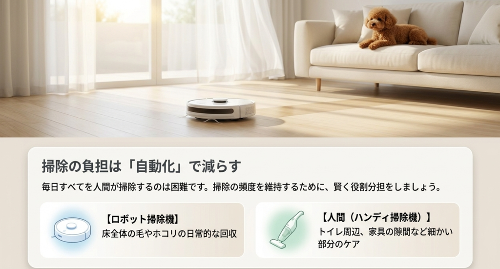 ロボット掃除機で床全体を掃除しハンディ掃除機でトイレ周辺や家具の隙間を補う掃除方法