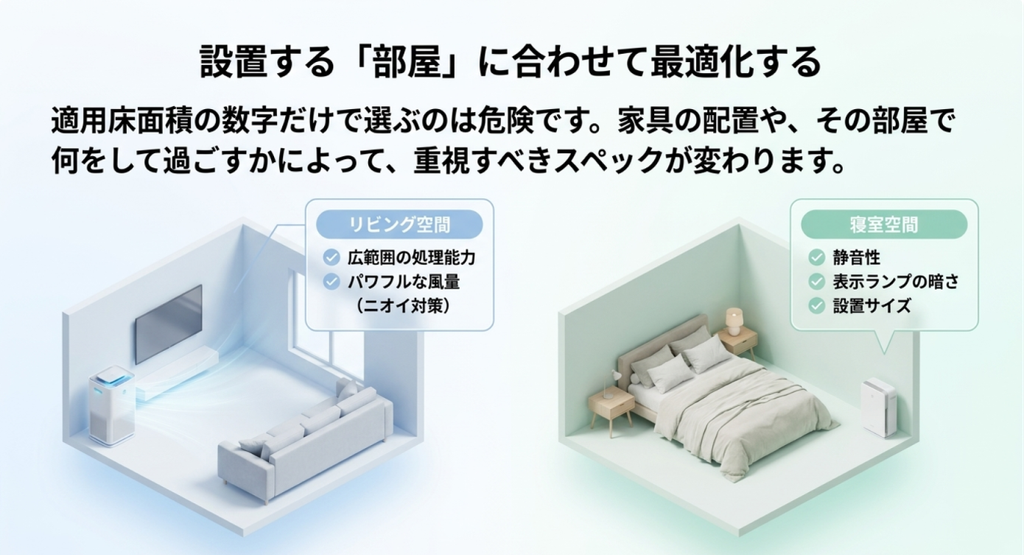リビングでは処理能力や風量、寝室では静音性や表示ランプ、本体サイズを重視する空気清浄機の選び方を比較した図
