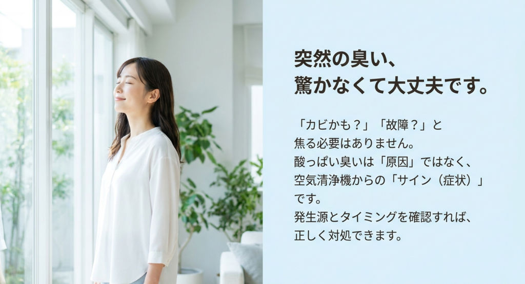 明るい窓辺に立つ女性と、空気清浄機の酸っぱい臭いはカビや故障と決めつけず、臭いの発生源とタイミングを確認することを説明したスライド