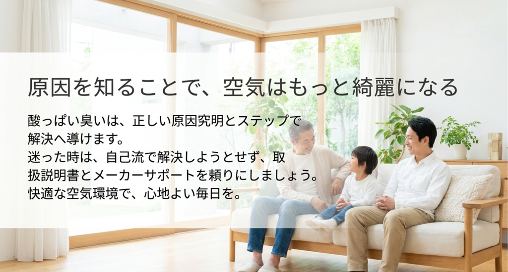 明るいリビングのソファでくつろぐ家族と、空気清浄機の酸っぱい臭いは原因を確認し、取扱説明書やメーカーサポートを参考に適切な対処を行うことを伝えるまとめ画像