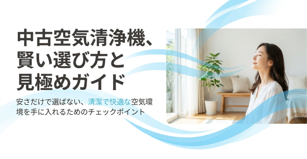 明るいリビングでくつろぐ女性と、中古空気清浄機の賢い選び方を紹介する表紙画像。価格の安さだけでなく、フィルターや本体内部の清潔さ、購入前の確認事項を見極めることの大切さを伝えている。