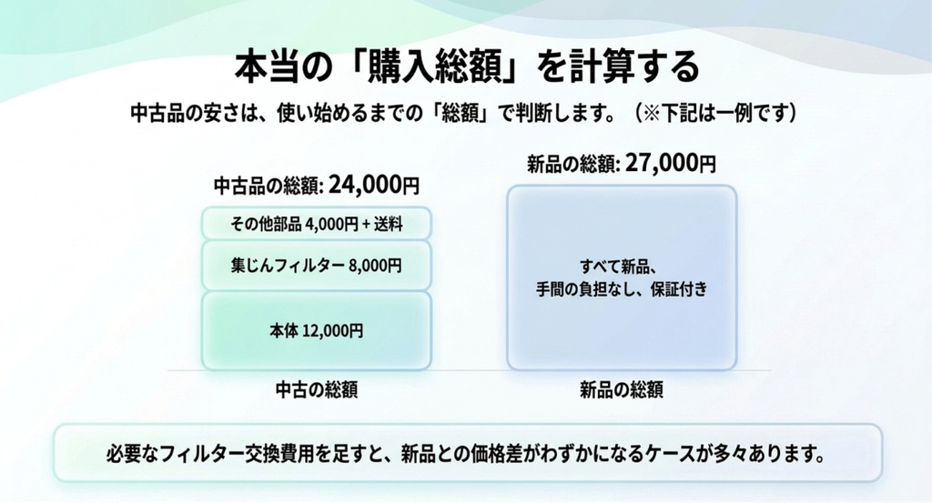 中古空気清浄機の本体価格12,000円、集じんフィルター8,000円、その他部品4,000円と送料を、新品27,000円の購入費用と比較した例