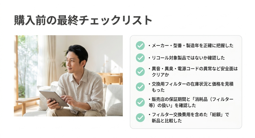 タブレットを持つ男性の写真と、型番・製造年、リコール、安全上の異常、交換フィルター、保証条件、購入総額の6項目を確認するチェックリスト