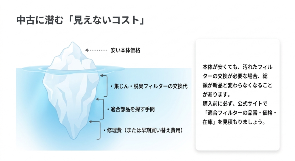氷山の水面上に安い本体価格、水面下に集じん・脱臭フィルターの交換代、適合部品を探す手間、修理費や早期買い替え費用を配置した図