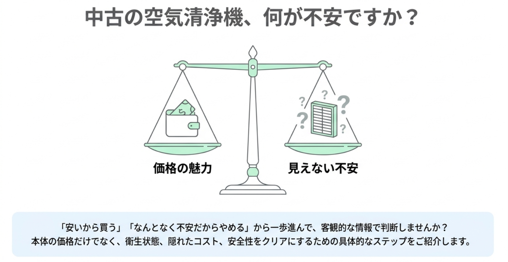 天秤の左右に価格の魅力とフィルターの状態に対する不安を配置し、中古空気清浄機の衛生状態、追加費用、安全性を比較して判断することを示した図
