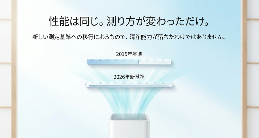 空気清浄機から出る空気の流れと2本の定規を背景に、2015年基準と2026年新基準の違いを説明した図解。MC556AとMC557Aの適用床面積の表示差は測定基準の変更によるもので、数値の減少だけでは清浄能力の低下を判断できないことを伝えている。