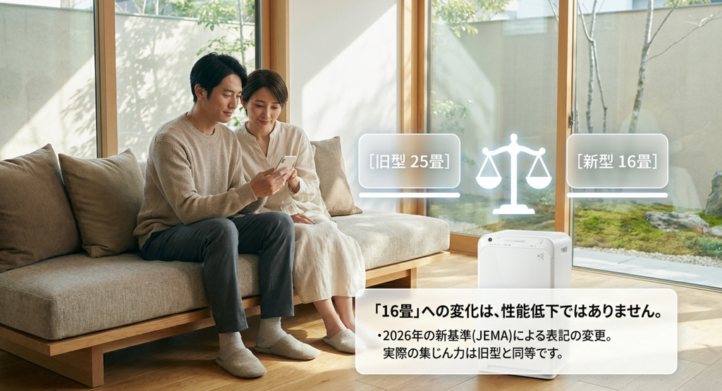 リビングで新旧モデルの適用床面積25畳と16畳を比較し、2026年の新基準による表示変更と性能低下の誤解を説明した画像