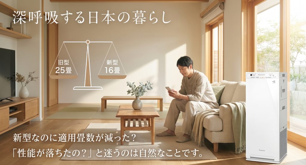 日差しの入るリビングで男性がくつろぐ様子と、旧型25畳・新型16畳を示す天秤のイラスト。適用床面積が減った理由と清浄性能への疑問を表現