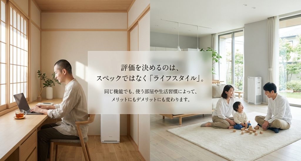 和室で仕事をする男性とリビングで過ごす家族を対比し、MCK556Aの使い勝手や満足度が生活環境によって変わることを表現した画像