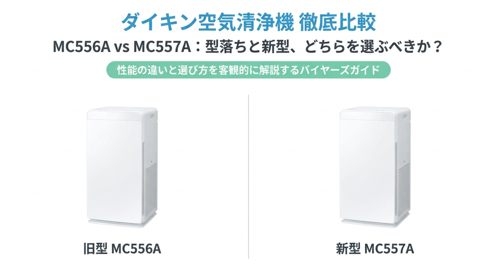 ダイキン空気清浄機の旧型MC556Aと新型MC557Aを白い背景に左右対称で配置した比較画像。「ダイキン空気清浄機 徹底比較」「MC556A vs MC557A 型落ちと新型、どちらを選ぶべきか？」という見出しと、「性能の違いと選び方を客観的に解説するバイヤーズガイド」のキャッチコピーを掲載。新旧モデルの性能や価格を比較し、購入判断に役立つ情報を紹介している。