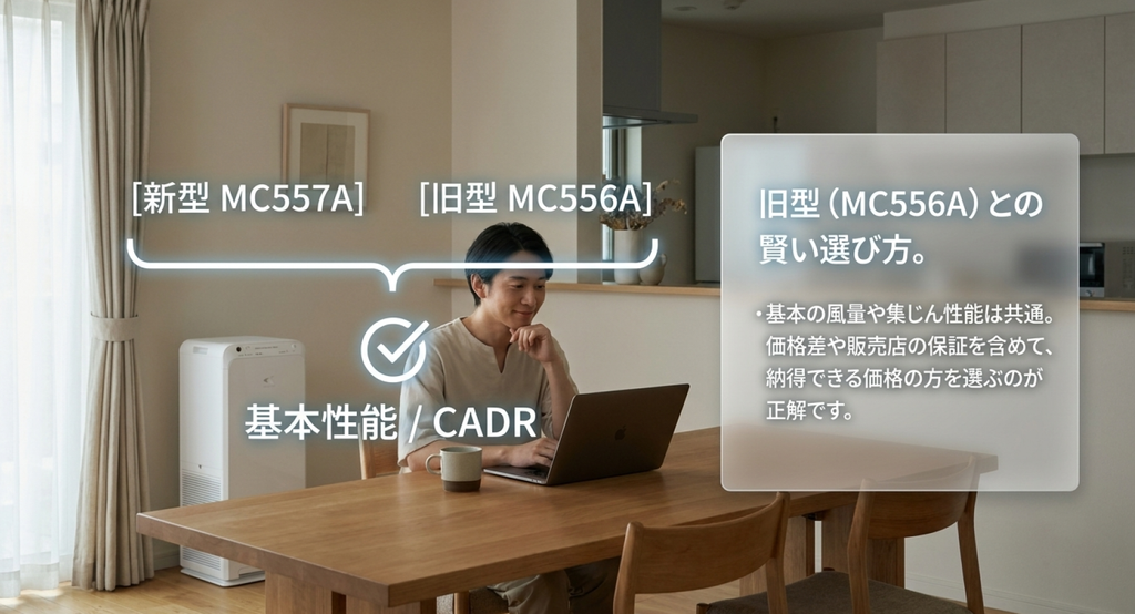 ノートパソコンで新型MC557A-Wと旧型MC556A-Wを比較し、共通する基本性能やCADR、価格差と保証条件から選ぶポイントを説明した画像