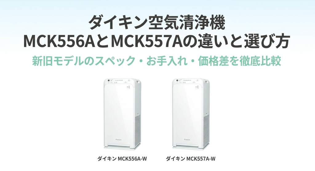 ダイキンの加湿空気清浄機MCK556A-WとMCK557A-Wの本体画像を並べ、新旧モデルのスペックやお手入れ、価格差を比較するガイドの表紙