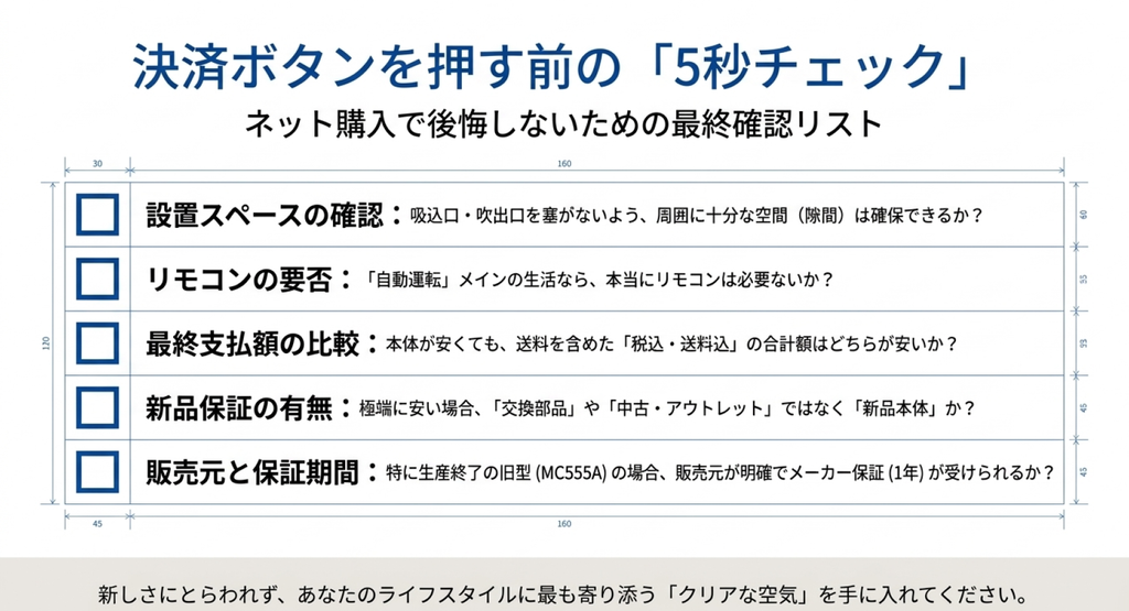 ダイキンMC556AとMC555Aの購入前チェックリスト。設置スペース、リモコンの必要性、送料を含めた最終支払額、新品保証の有無、販売元と保証期間の5項目を掲載。ネット購入で後悔しないための確認事項をまとめたスライド。