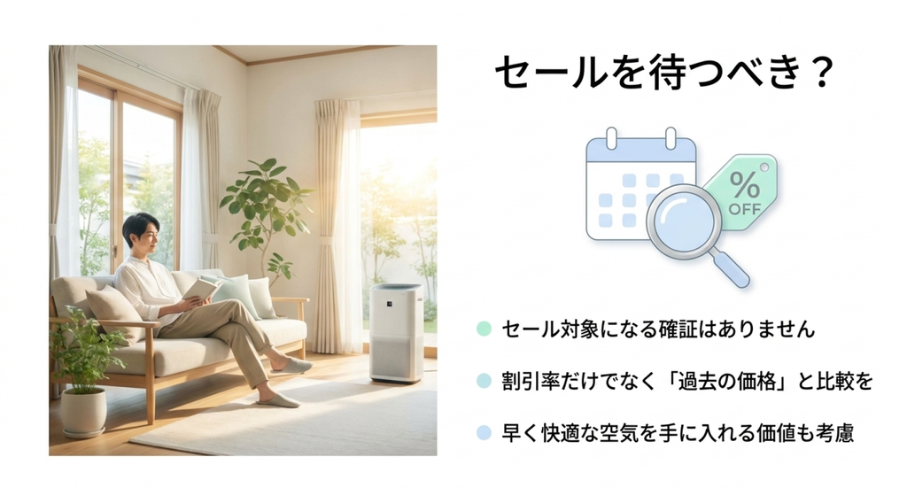 リビングで読書する男性と空気清浄機の写真に、セールカレンダーと割引タグのイラストを配置。MC556A-Wがセール対象になる保証はないこと、過去の価格との比較や早く使い始める価値も考慮することを説明している。