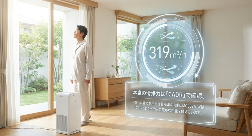 MC557A-Wの集じん性能を示すCADR319m³/hの数値と、清浄空気供給量をイメージしたリビングの解説画像