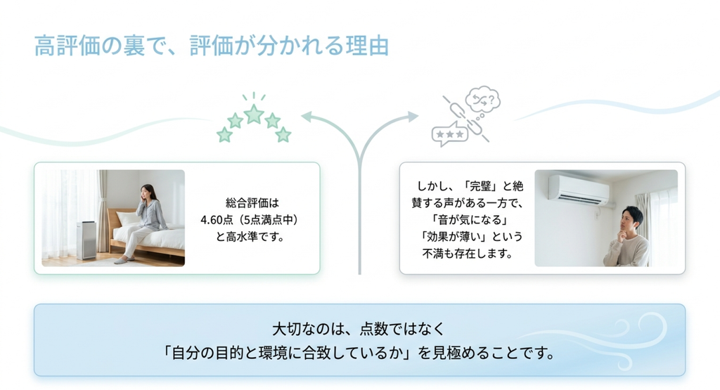 MC556A-Wの総合評価4.60点という高評価と、運転音や効果への不満を左右に配置した比較図。レビューの点数だけで判断せず、購入目的や使用環境との相性を確認する重要性を説明している。