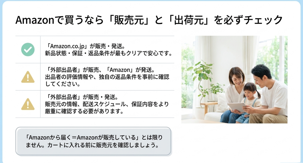 Amazonで空気清浄機を購入する際の販売元と出荷元の違いを比較した図解。Amazonが販売・発送する場合、外部出品者が販売してAmazonが発送する場合、外部出品者が販売・発送する場合を並べ、保証や返品条件の確認が必要なことを説明している。