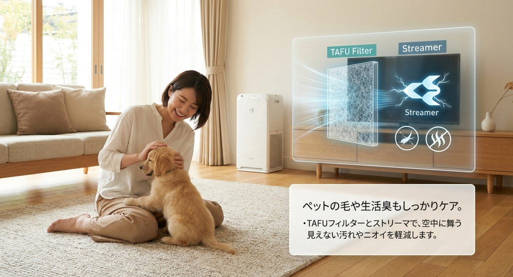 犬と過ごすリビングに設置されたMC557A-Wと、TAFUフィルターによる集じんやストリーマによる脱臭の仕組みを紹介した画像