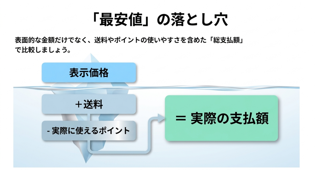 最安値の落とし穴を説明する図解。表示価格に送料を加え、実際に使えるポイントの価値を考慮して購入時の負担を比較する考え方を、氷山のイラストと計算式で示している。